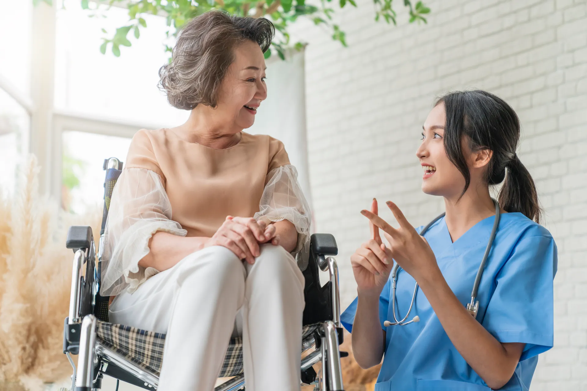 A caregiver sharing a warm moment with a senior in a wheelchair